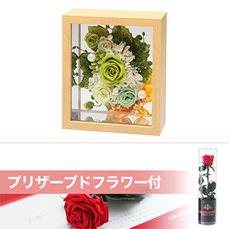 【東日本エリア対象】グリーンと白のバラを中心とした、さわやかなプリザーブドフラワーです。