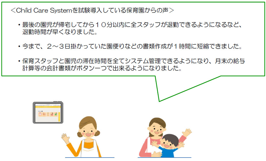 Child Care SystemĂۈ牀̐EŌ̉AĂ10ȓɑSX^btދ΂ł悤ɂȂȂǁAދΎԂȂ܂BE܂ŁA2`3|ĂւȂǂ̏ލ쐬1ԂɒZkł܂BEۈX^btƉ̑؍ݎԂSăVXeǗł悤ɂȂA̋^vZ̉vނ{^ŏo悤ɂȂ܂B