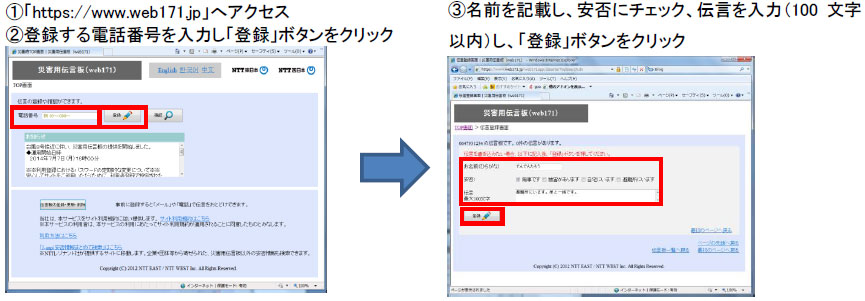(1)「https://www.web171.jp」へアクセス
(2)登録する電話番号を入力し「登録」ボタンをクリック
(3)名前を記載し、安否にチェック、伝言を入力（100文字以内）し、「登録」ボタンをクリック